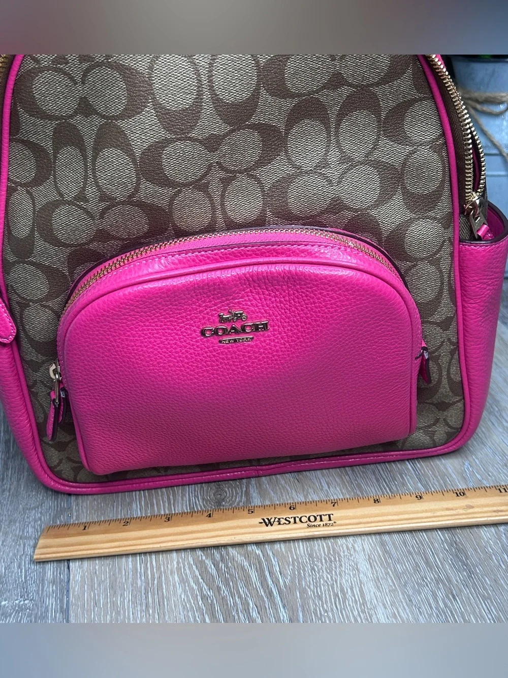 Coach Signature Monogram Pink Leather Trim Backpack – Gold Hardware – Medium